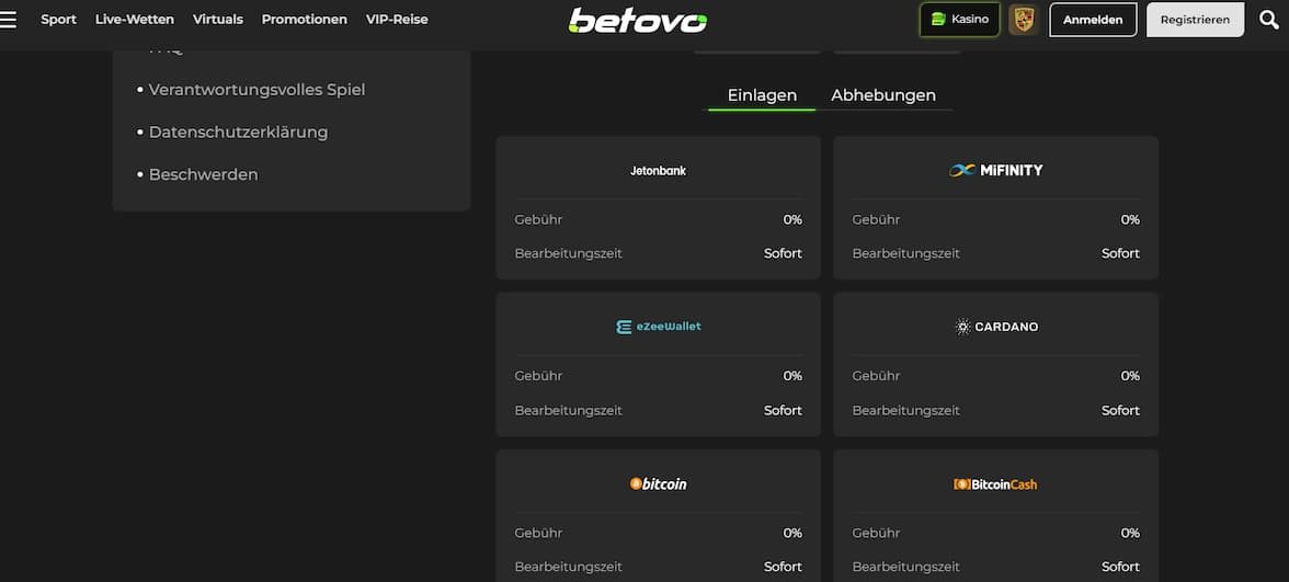 Einzahlungen bei Betovo