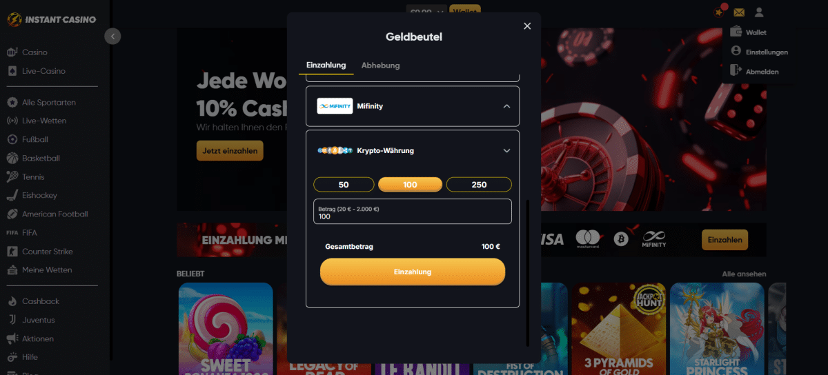 Instant Casino Einzahlung BTC