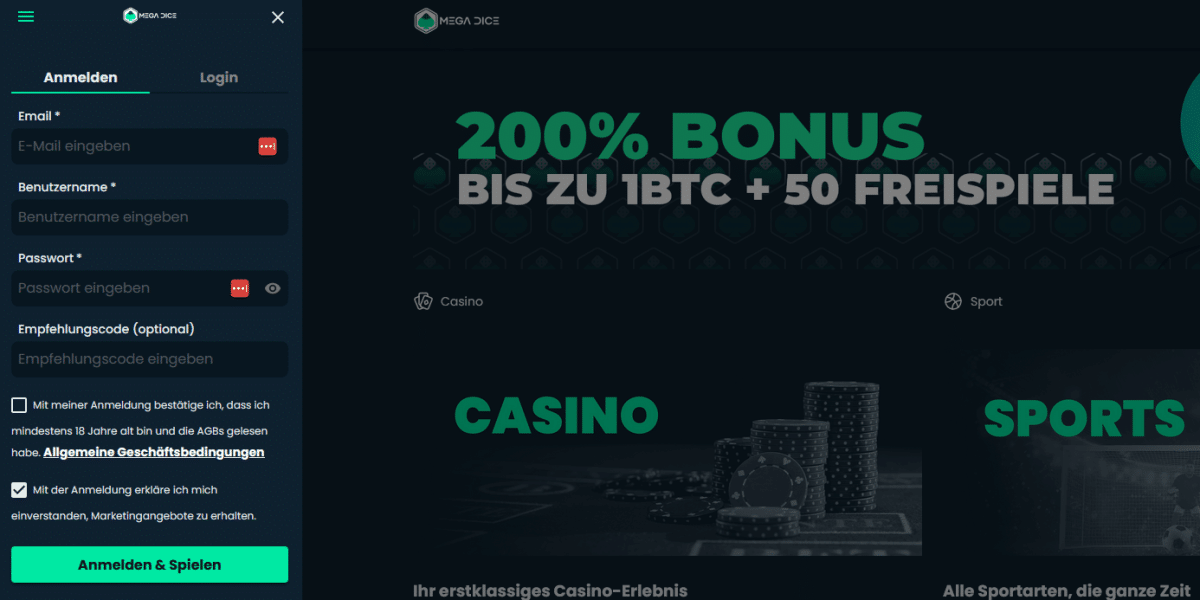 Mega Dice Anmeldung